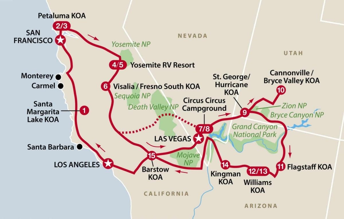 Attractions of the West map Det bedste af det vestlige USA