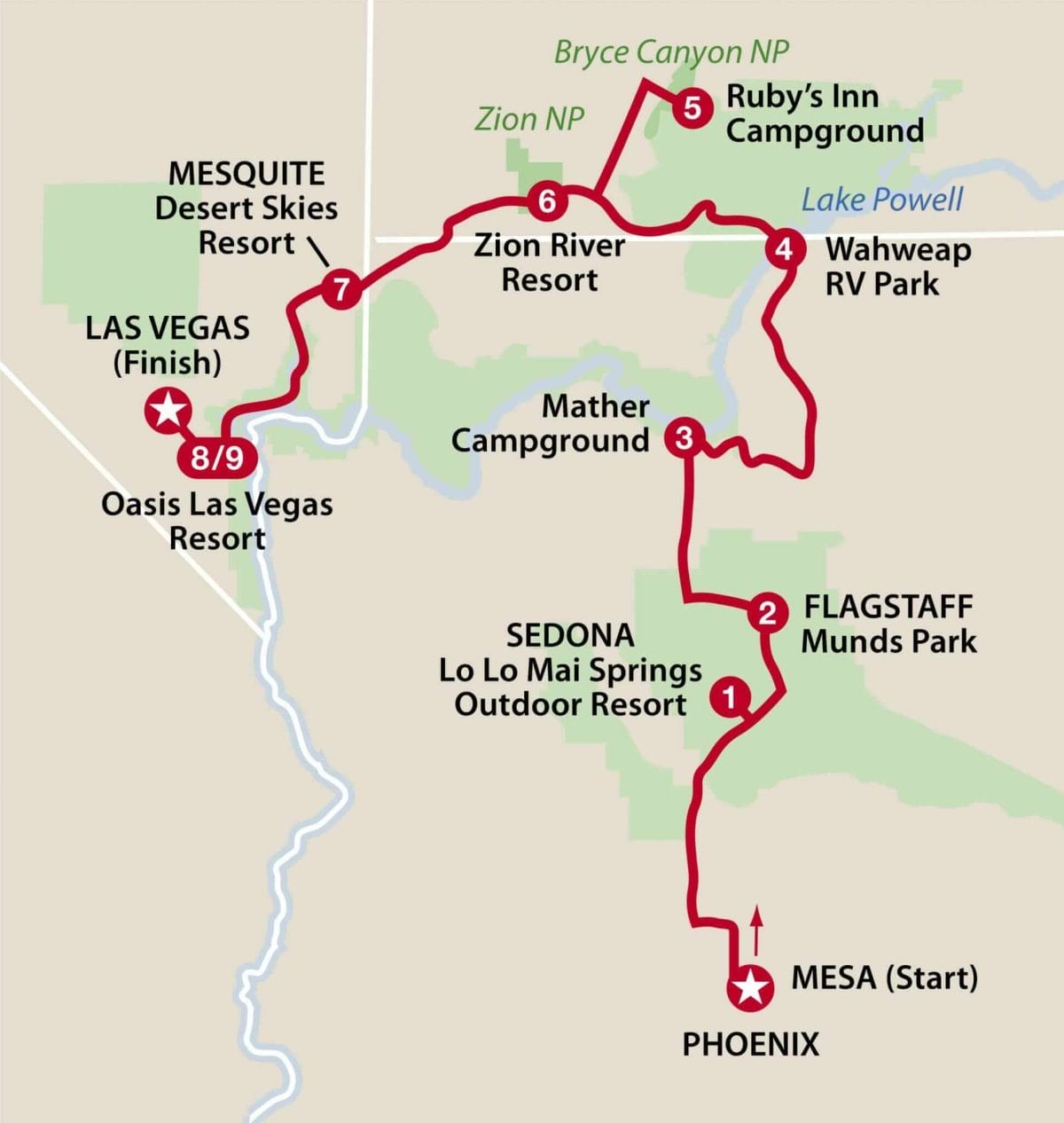 Phoenix to Las Vegas map Fra Phoenix til Las Vegas i autocamper